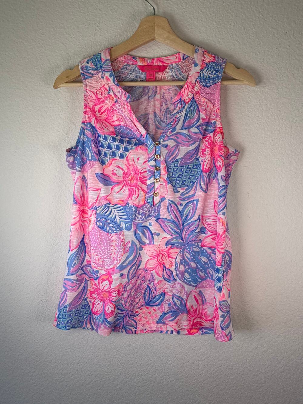 Lilly Pulitzer Essie Tank Top Pelican Pink Beat The Heat Pineapple Womens XS